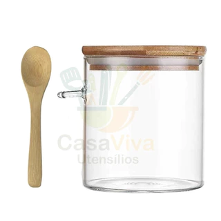 Kit Potes Porta Mantimentos Tempero Hermético Açucareiro, Saleiro em Vidro Borossilicato com Tampa E Colher de Bambu com vedação 400ml / 450 ml / 550 ml |Allmix|