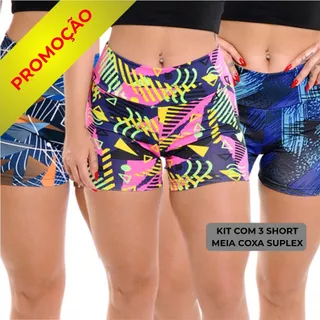 Kit c/ 03 Short Feminino Suplex Yoga/Fitness/Academia/Ciclista/Liso/Estampado