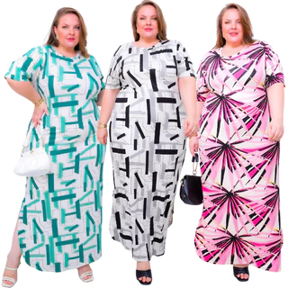 Kit com 3 vestidos longuetes estampados plus size com fendas moda evangélca