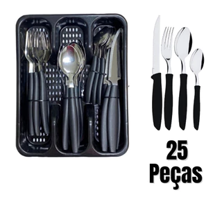 Jogo de Talheres 25 Peças Completo Conjunto Faqueiro Aço Inox + Organizador
