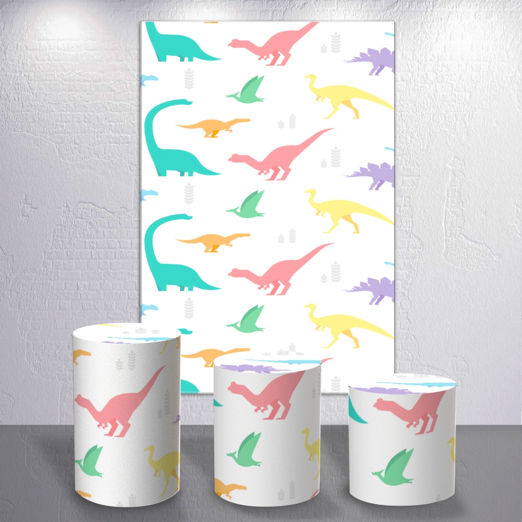 Painel de Festa Tema De Dinossauro Colorido Branco Tons Cilindros Painel Redondo Retangulo