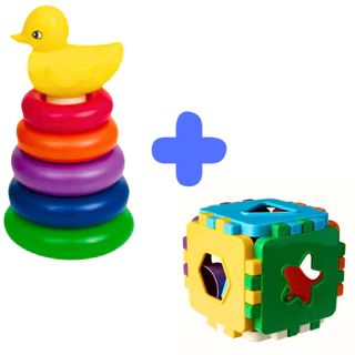 Kit 2 Brinquedos Educativos Infantil Pato com 5 Argolas + Cubo