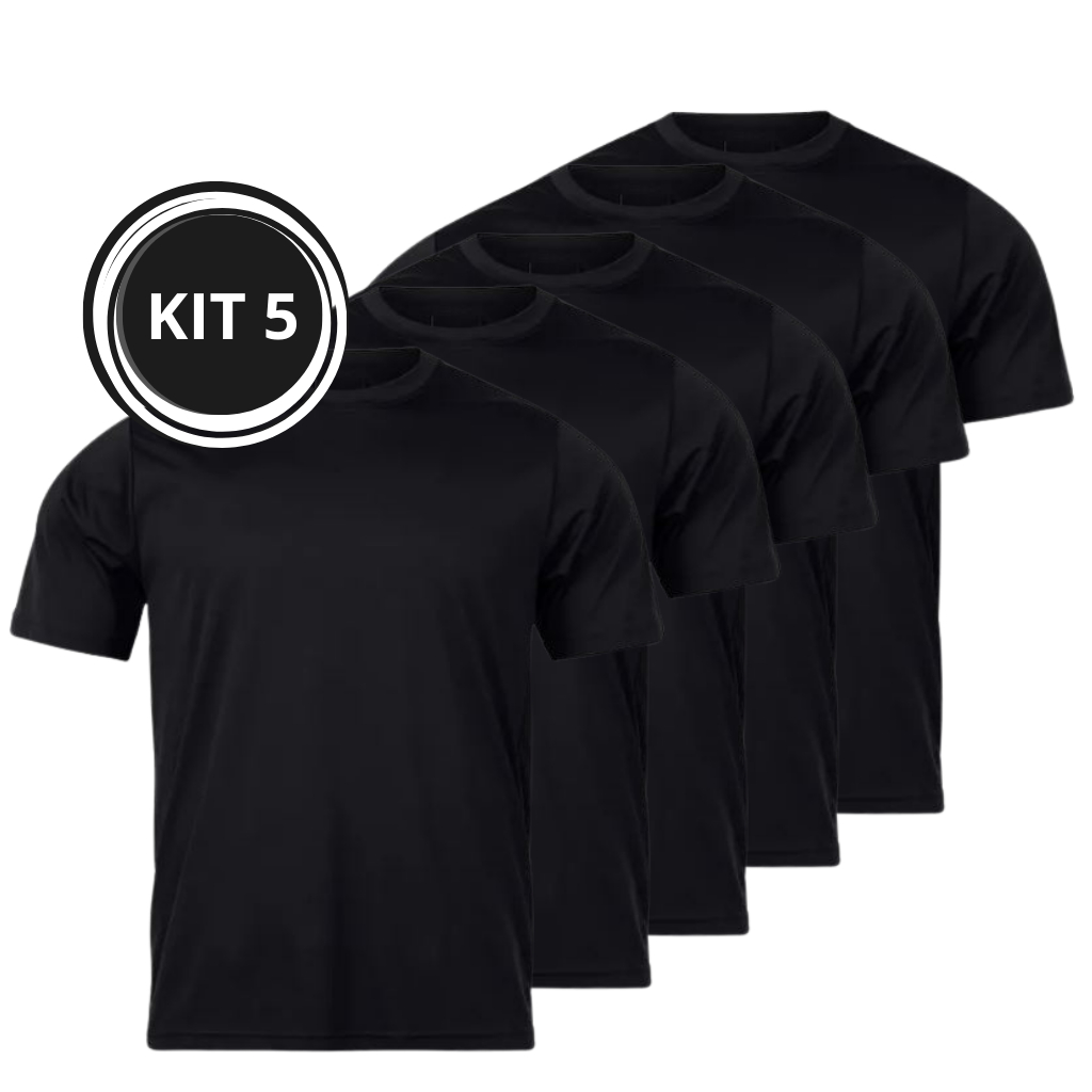 KIT 5: Camiseta Masculina Preta Lisa Básica 100% Algodão Premium