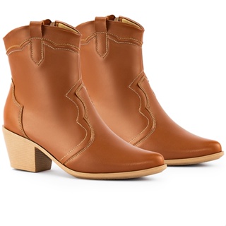 Bota Feminina Western Lumiss Confortável Texana Salto Grosso Cano Curto Country Bico Fino Faroeste Macia Coturno Rodeio
