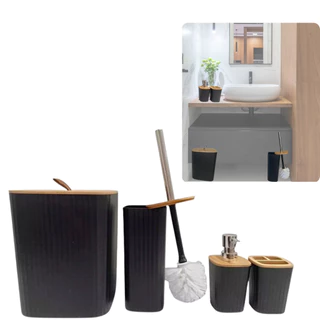 Kit Acessórios de Banheiro Lixeira Escova Sanitaria Porta Sabonete Liquido Porta Escova Lavabo Luxo 4 Utensílios Design Moderno Plástico com Bambu Ecológico