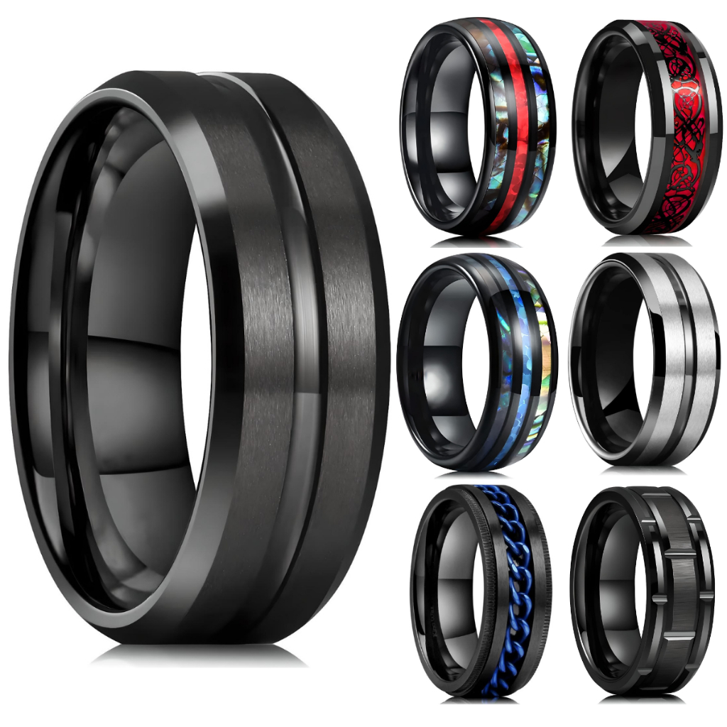 Anel Preto Aliança Masculina Feminino Listrado em Aço Inox Escovado