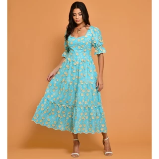 Vestido midi lese 3D bordado algodão manga curto