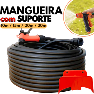 Mangueira Jardim 10, 20, 30 Metros Resistente Flexivel Reforçada Trançada com Esguicho e com Conector Super Malha de Nylon Dupla Camada Pronta para Usar Kit com Suporte de Parede Para Guardar Enrolar Enrolador