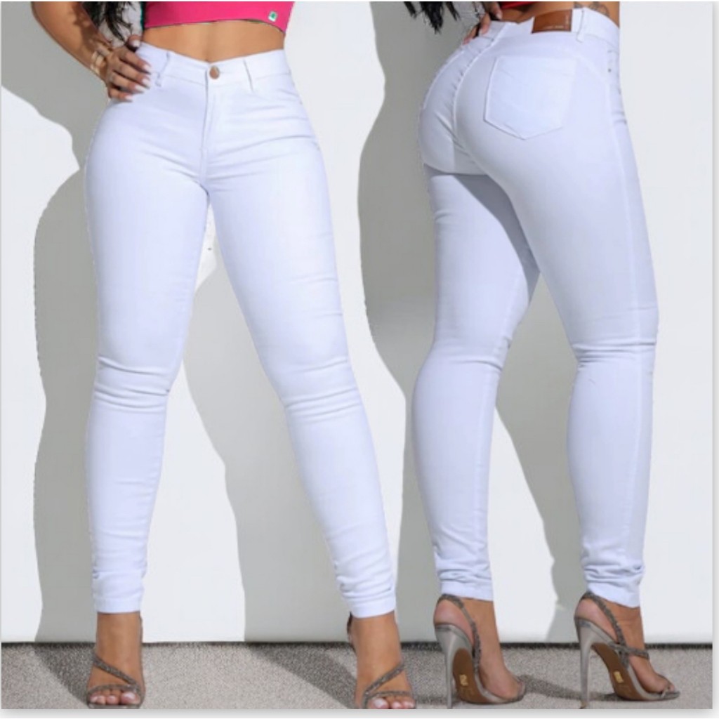 Calça Jeans Feminina Branca Skinny Cintura Alta Com Elastano Lycra