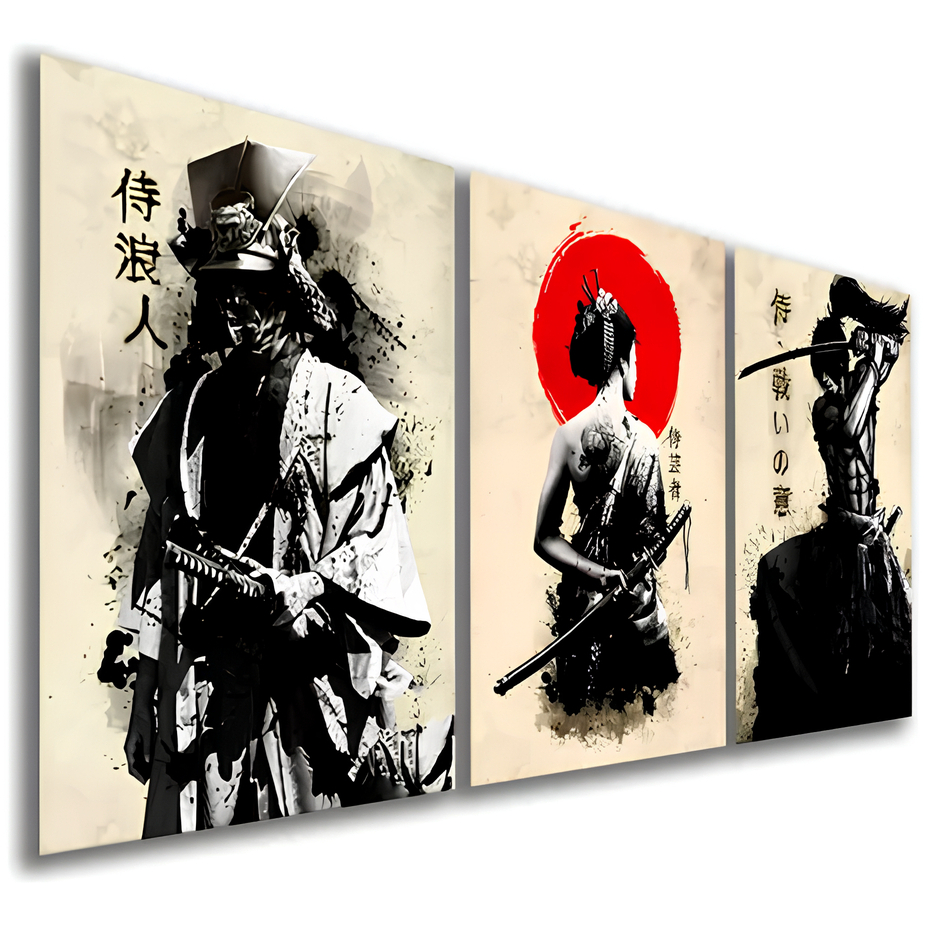 Kit 3 Quadros Decorativos Samurai Japonês Ninja Japão Mosaico Sala Quarto Escritório