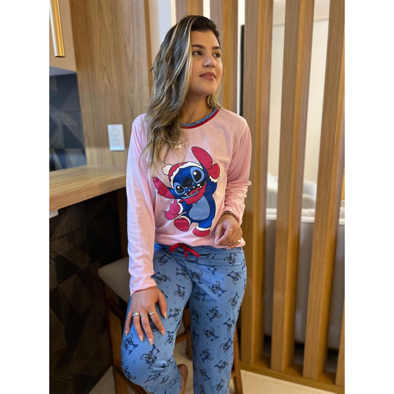 Pijama Longo Adulto Feminino de Estampa Lilo Stitch Tamnhos P M G GG ...