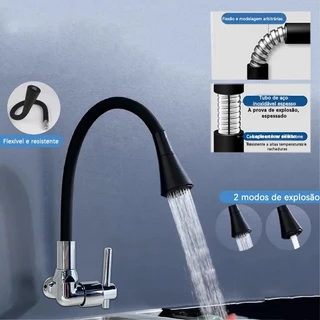 Torneira Gourmet Flexível Cozinha Preto Parede Duplo Jato Cone 1/2 de Volta
