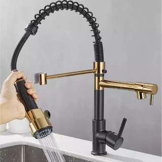 Torneira Luxo Cozinha Monocomando Inox Preta com Dourada Multifunção Gourmet Flexível 14810