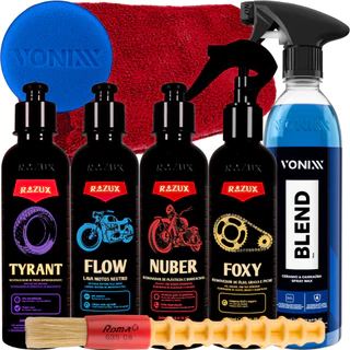 Kit para Lavar Moto Razux Shampoo Flow Tyrant Nuber Foxy Cera Blend Spray Vonixx
