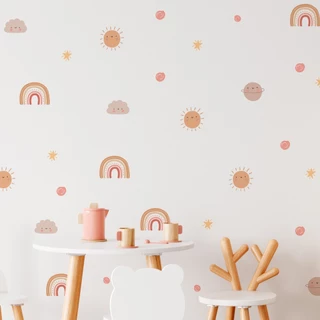 Kit Adesivos de Parede Infantil Boho: Sol, Arco-Íris, Nuvens, Bolinhas e Estrelas CT-ST-03