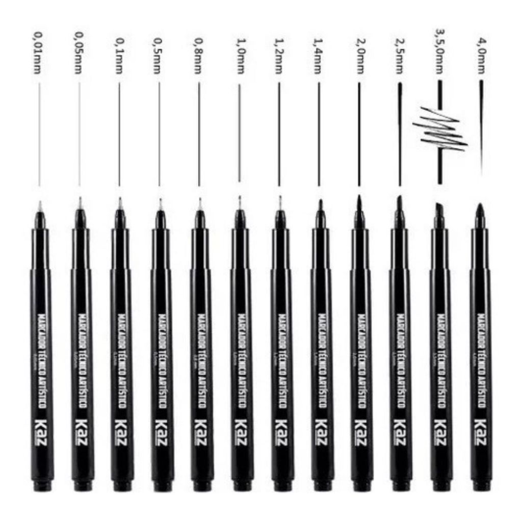 KIT COM 12 CANETAS TECNICA MICROLINE TIPO NANQUIN KAZ FINELINER PARA DESENHO ARTISTICO PROJETO ARQUITETURA ILUSTRAÇÃO