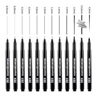 KIT COM 12 CANETAS TECNICA MICROLINE TIPO NANQUIN KAZ FINELINER PARA DESENHO ARTISTICO PROJETO ARQUITETURA ILUSTRAÇÃO
