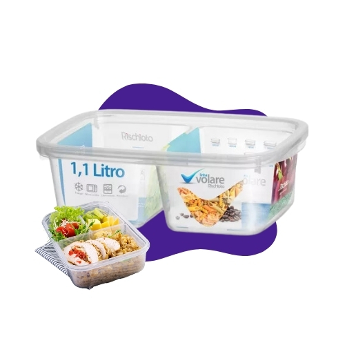 Pote Marmita Vasilha Divisória Para Dieta Fitness Fit Plástico Transparente Volare Rischioto 1,1L