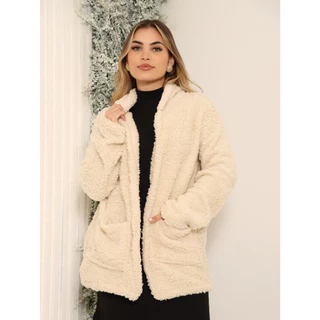 Casaco De Pelinhos Sobretudo Manga Longa Teddy Com Capuz e Bolsos Laterais Inverno Jaqueta Feminina