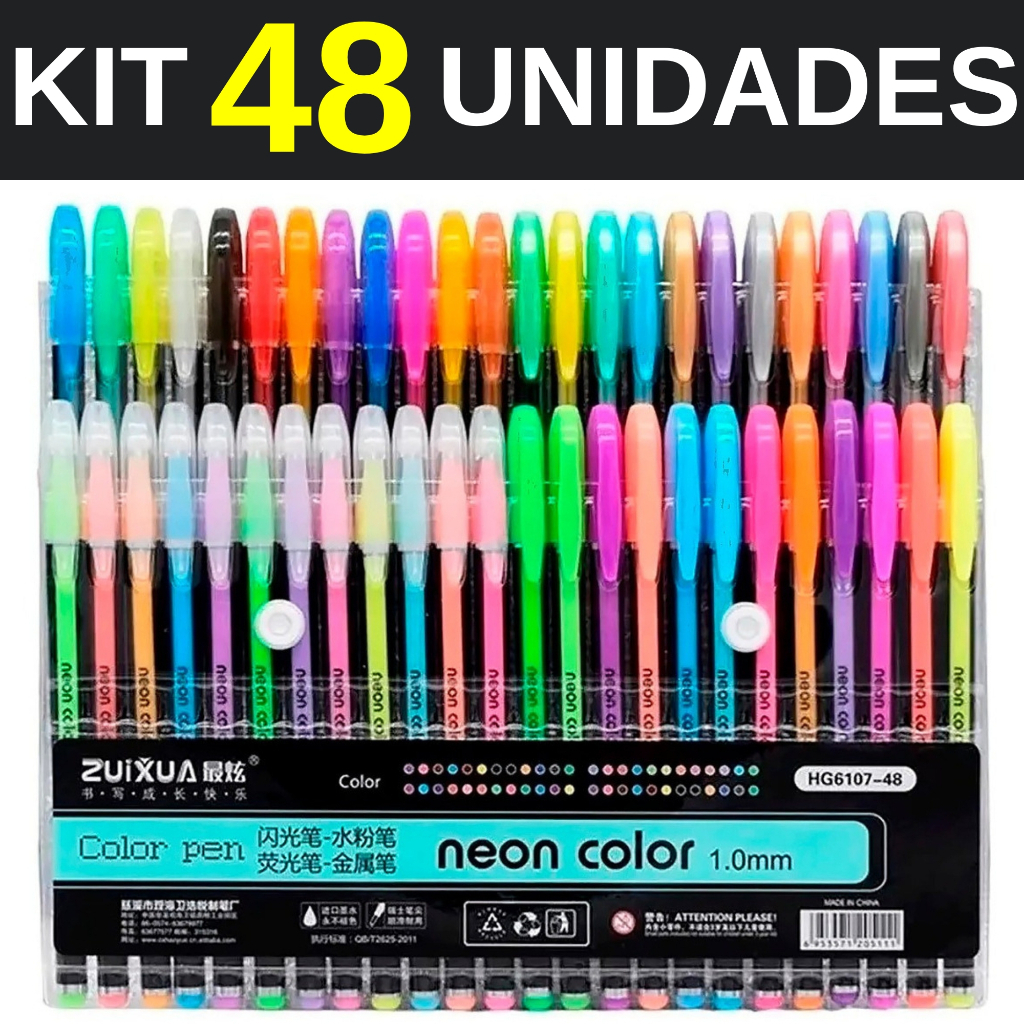 Kit de 48 Canetas Gel Color ColorGel Ink Glitter Pastel Neon Metálico ...