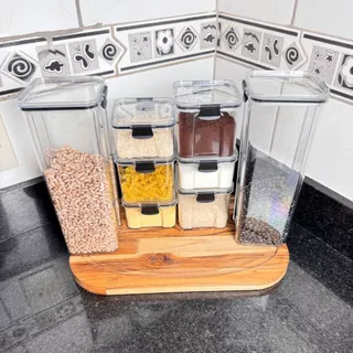 Conjunto de 8 Potes Herméticos em Acrílico Cristal - Organizador para Mantimentos