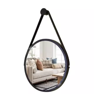 Espelho Redondo Decorativo Suspenso com Alça 40cm + Suporte Preto com Alça Preta