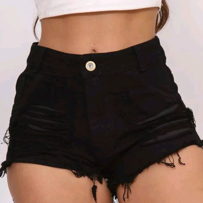 Short Jeans Feminino Destroyde preto rasgado jeans Premium | Shopee Brasil