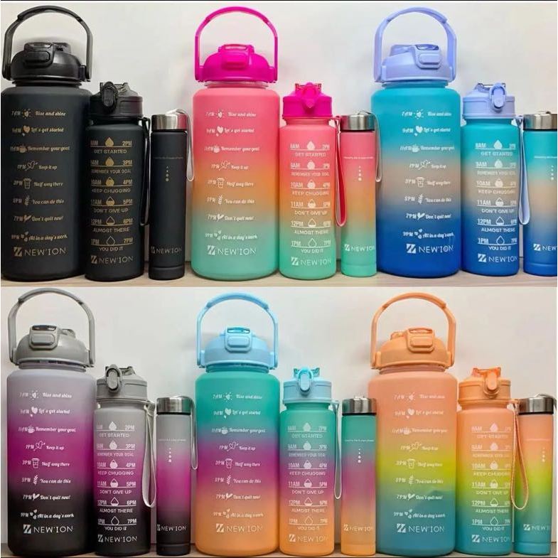 Kit 3 Garrafas De Água Degradê 2Litros e 900ml e300ml Frase Motivacional Canudo Academia Treino Esporte Corrida Natação