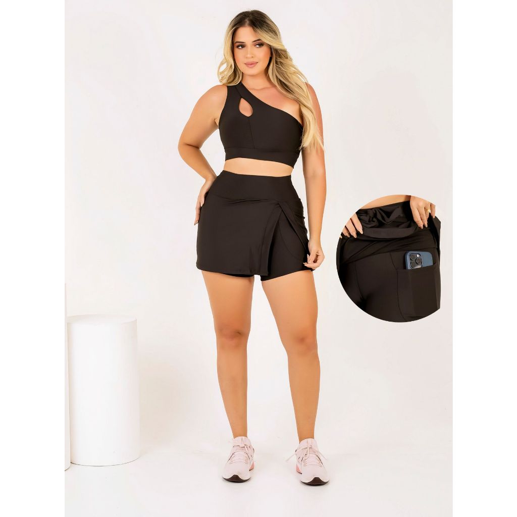 Conjunto Fitness Feminino Short Saia Com Bolso Abertura Fenda