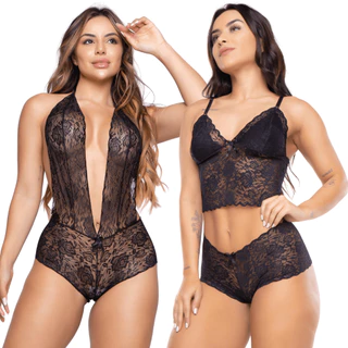 Kit Sexy Conjunto e Body de Renda Lingerie Moda Íntima Top Calcinha Caleçon Calesson Espera Marido Menina Atrevida