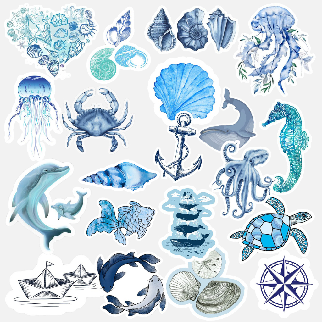 Pack Stickers Adesivos Itens do Mar Impermeável Personalização ...