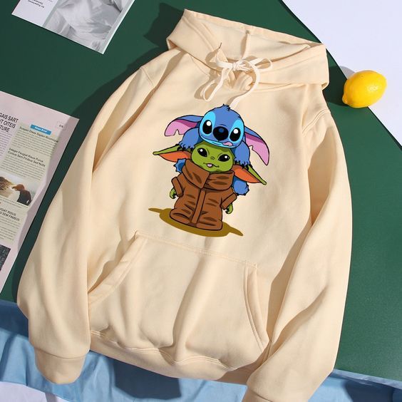 Moletom Canguru Gráfico Lilo e Stich Bege Casual Slim Inverno Algodão