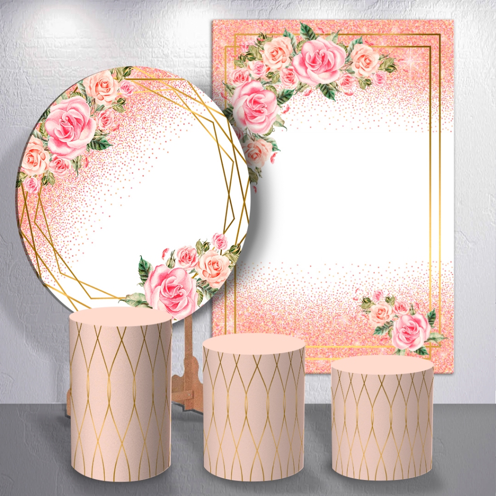 Painel de Festa Feminino Rose Dourado Flores Capas Cilindro ou Capas ...