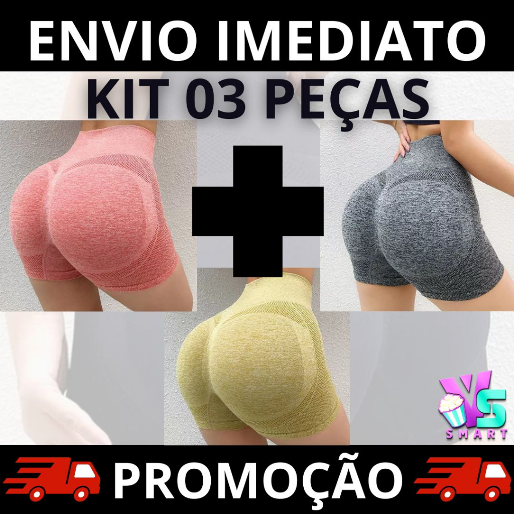 kit 03 Shorts Fitness Feminino Cintura Alta Academia Levanta Bumbum Sem Costura ENVIO IMEDIATO