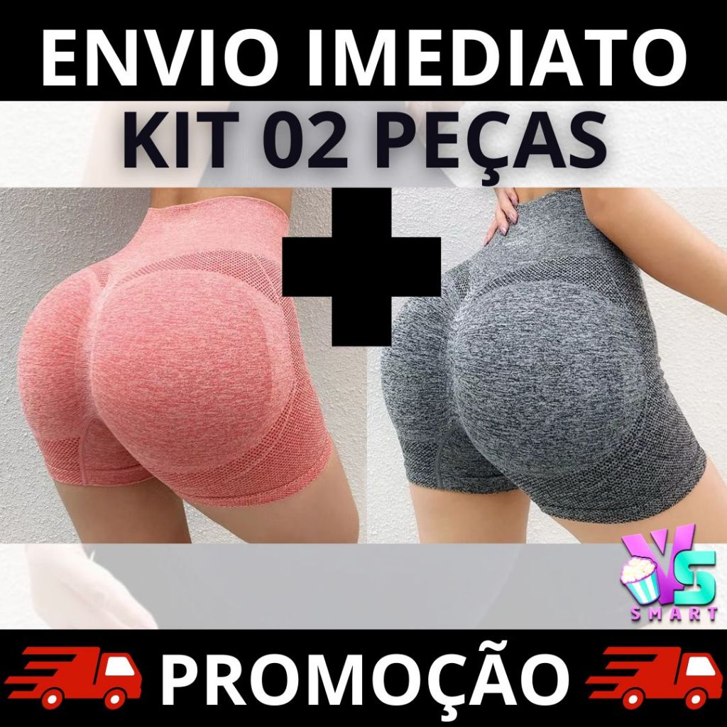 kit 02 Shorts Fitness Feminino Cintura Alta Academia Levanta Bumbum Sem Costura ENVIO IMEDIATO