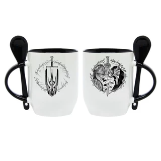 CANECA BRANCA E PRETA COM COLHER SENHOR DOS ANÉIS SAURON MOD 01