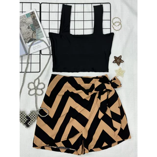 conjunto 2pcs de cropped suplex com saia com short estampado182
