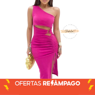 Vestido Feminino Curto Com Detalhe Canelado na Cintura Moda Gringa Tendência
