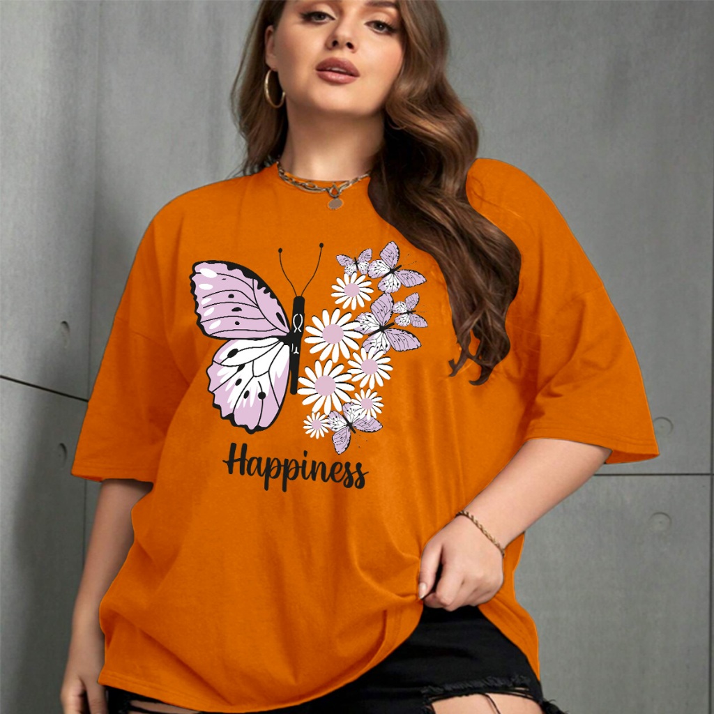 T Shirt Unissex Bordada Happines Flowers Butterflies Camisa Confortável Personalizada Camiseta Larg