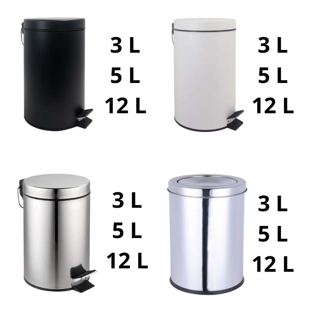 Lixeira de Metal 3, 5 e 12 Litros Com Pedal Branco Preto