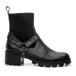 Bota Feminina De Couro Legítimo Cano Curto Coturno com Elástico E Fivela