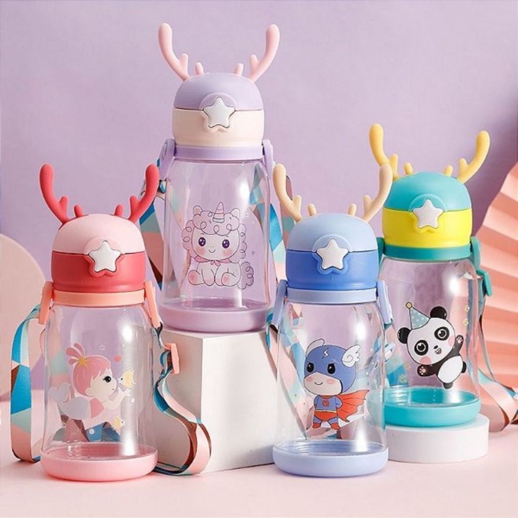 Garrafa De Alce Água Infantil Criança Portátil Com Canudo Desenho Multicolorido