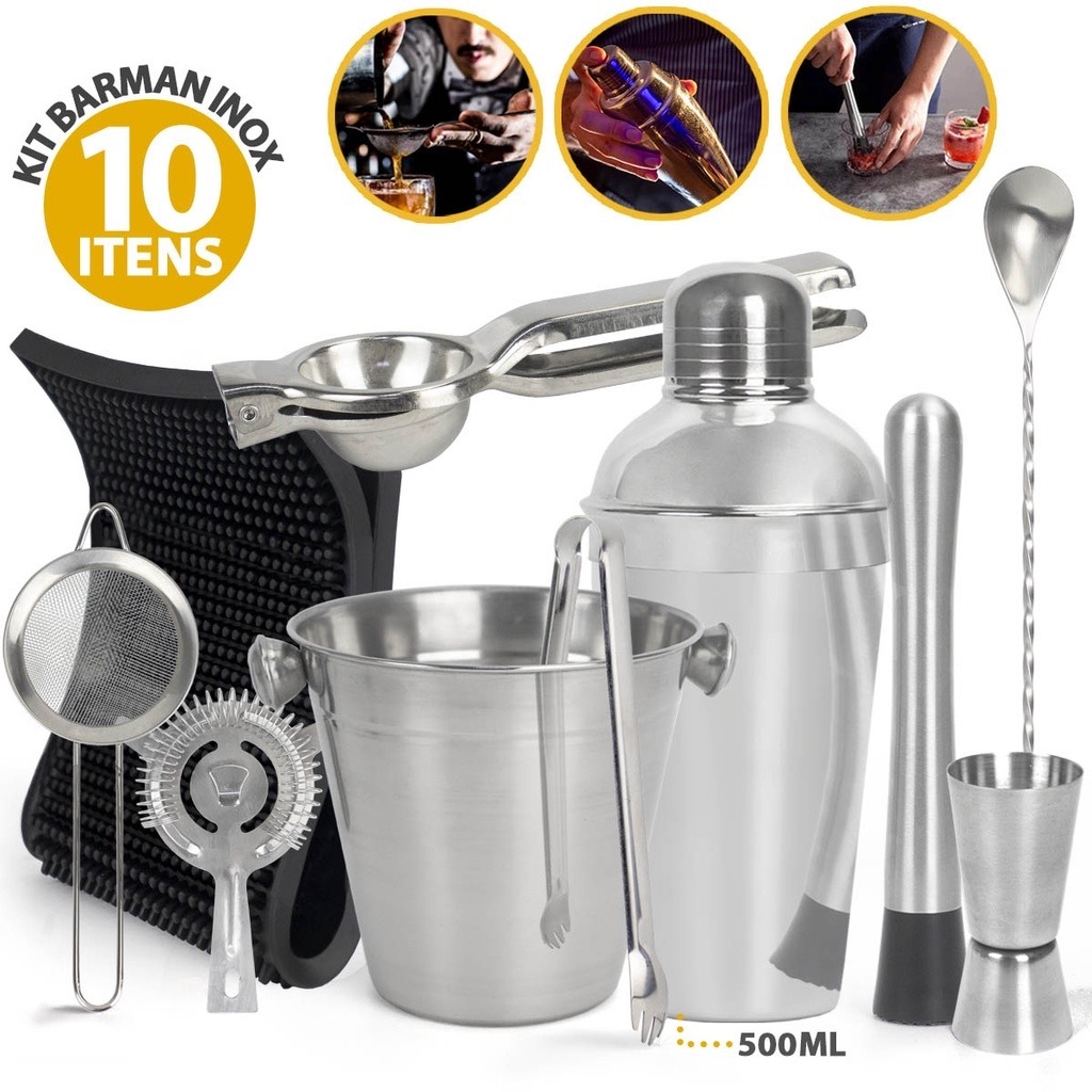 Kit Bartender Inox Coqueteleira 10 peças 500ml - Balde Gelo Completo Barman - Dosador - Drinks Colher Bailarina Colheres Caipirinha
