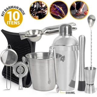Kit Bartender Inox Coqueteleira 10 peças 500ml - Balde Gelo Completo Barman - Dosador - Drinks Colher Bailarina Colheres Caipirinha