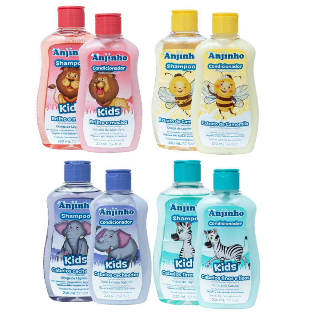 Kit Higiene Bebê Shampoo e Condicionador Anjinho Kids Camomila Brilho Maciez Finos Lisos Cacheados
