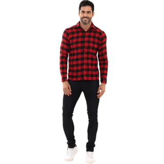 Camisa manga longa masculina xadrez vermelha festa quadriculada