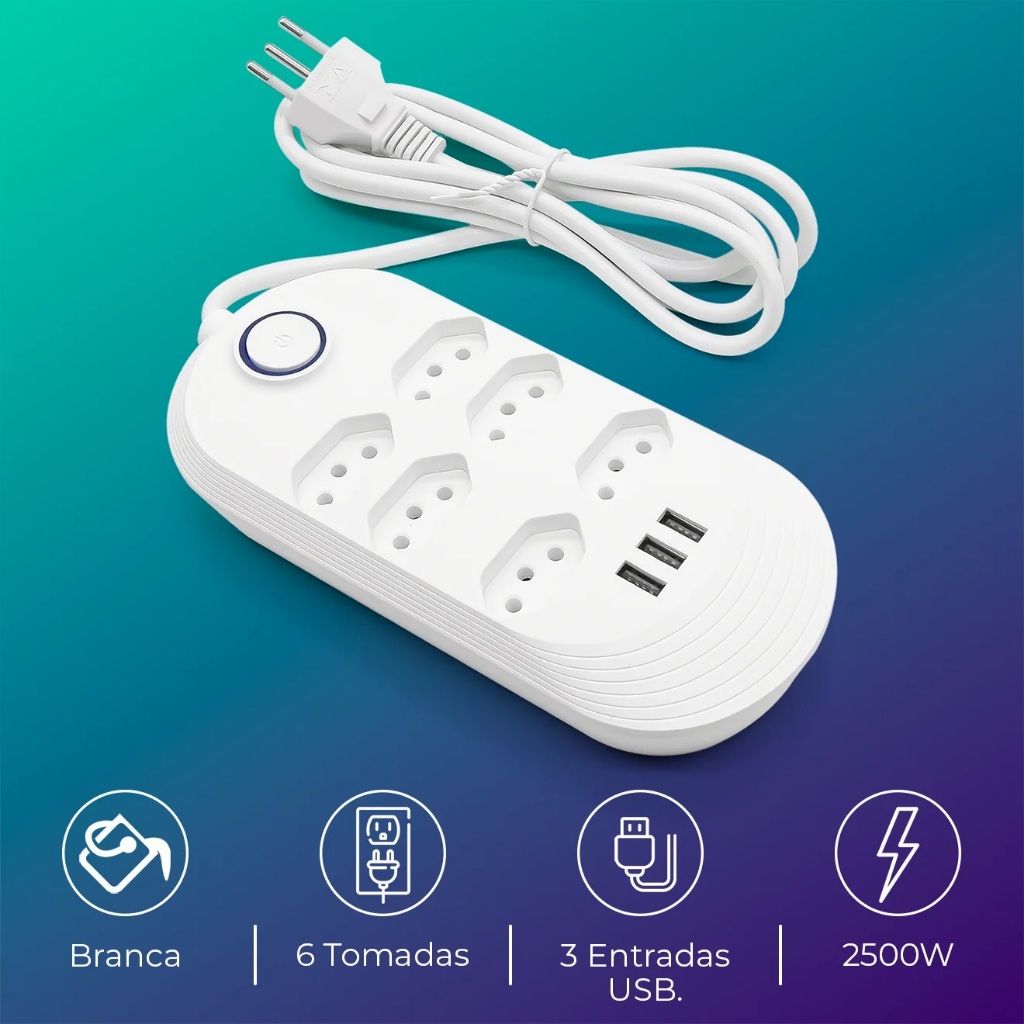 Régua Extensão Elétrica 1,8m com 6 Tomadas e 3 Entradas USB Botão Liga e Desliga 110V/220V Bivolt
