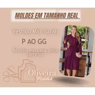 MOLDE VESTIDO DECOTE V, MANGA 7/8 E MANGA CURTA, BOTÕES NA FRENTE, BABADO, BOTÕES NO PUNHO, MOLDES PARA CONFECCIONAR NOS TAMANHOS P,M,G,GG