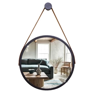 Espelho Redondo Decorativo Suspenso com Alça 60cm + Suporte Preto com Alça Caramelo