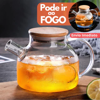 Chaleira de Vidro 1L com Coador Tampa de Bambu Premium Bule infusor Resistente a Calor de ir Ao Fogo